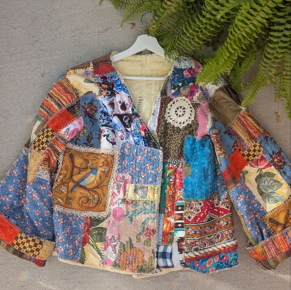 Handmade Boho Hippie Handstitched Patchwork Jacket Upcycled Appliqué Oversized - Picture 12 of 14